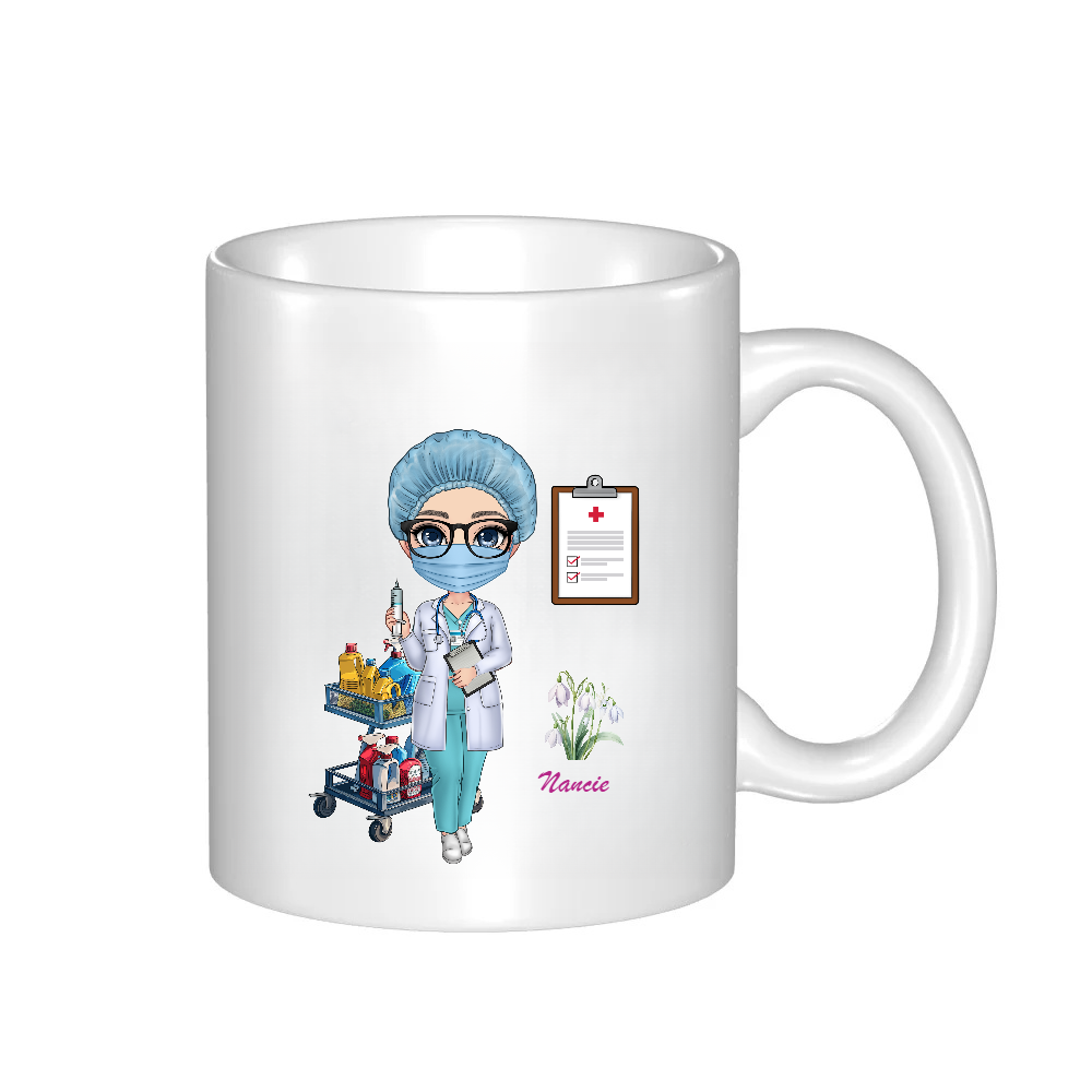 Personalized Doctor Coffee Cup Cartoon Ceramic Mug with Birth Flower and Name