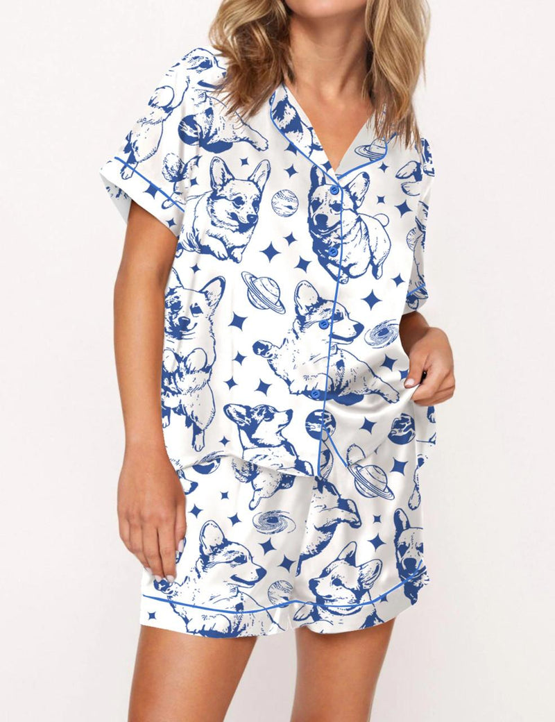 Corgi In Space Satin Pajama Set For Women	
