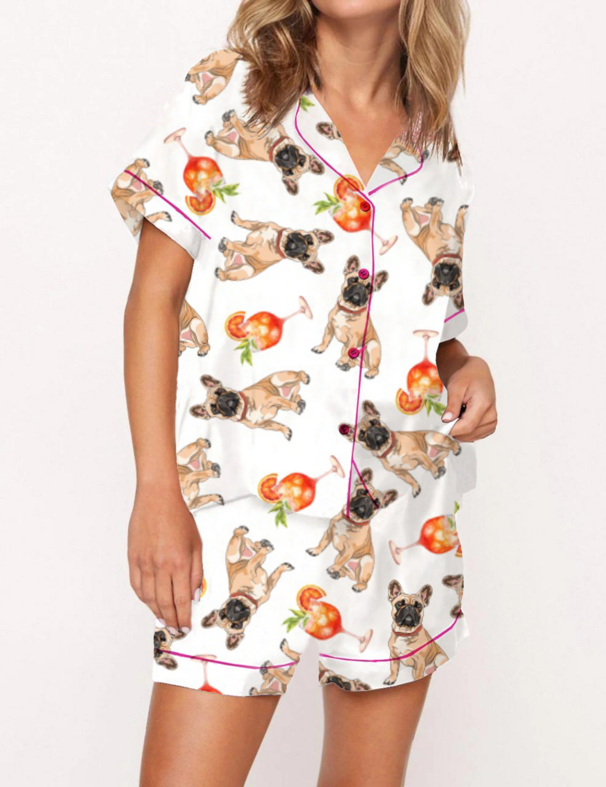 Aperol Spritz And French Dog Satin Pajama Short Set