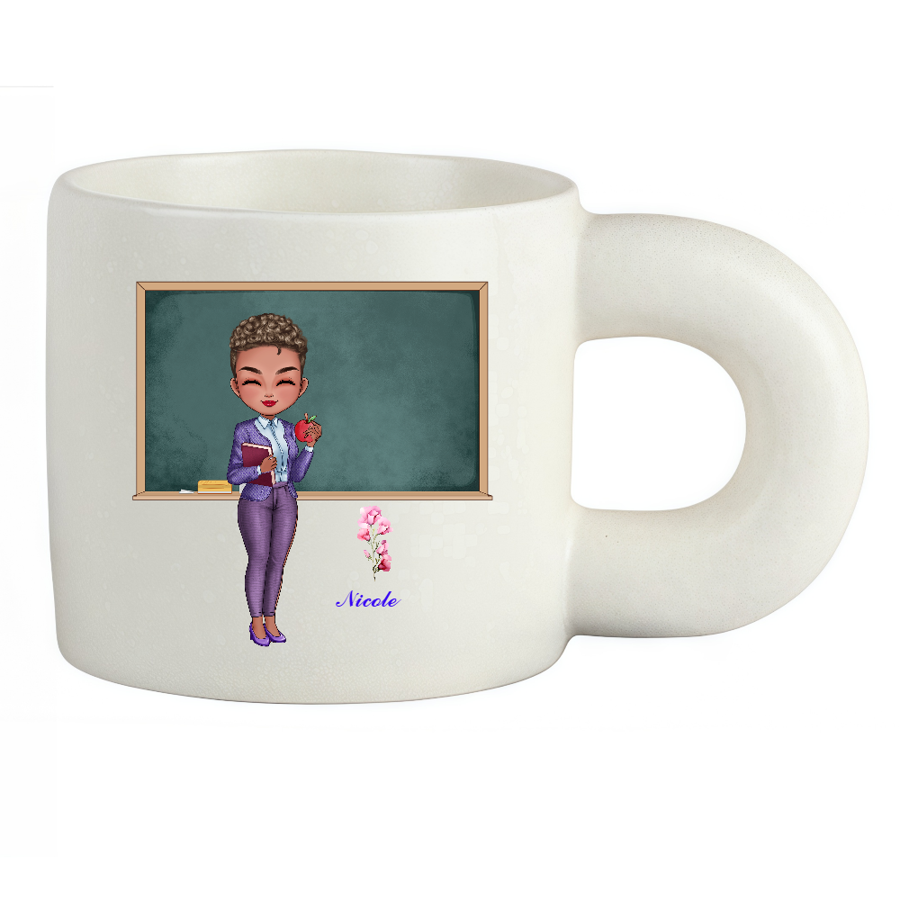 Personalized Teacher Coffee Cup Cartoon Ceramic Mug with Birth Flower and Name Back to School Appreciation Gift for Teacher