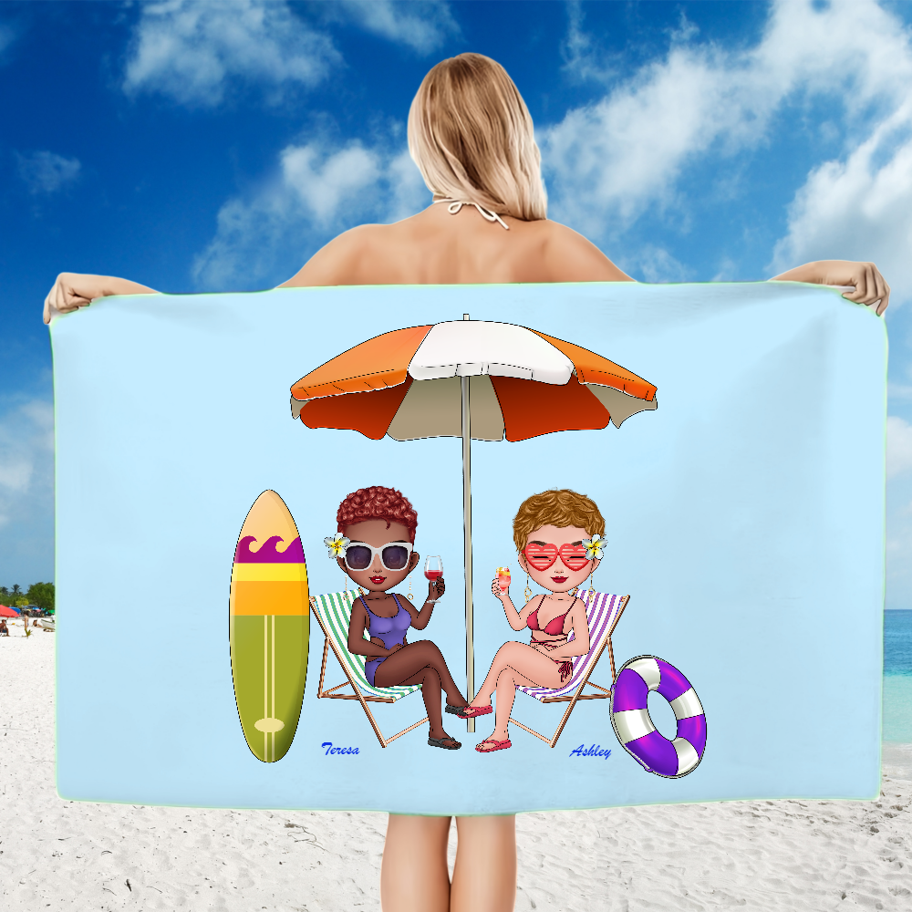 Personalized Cartoon Summer Best Friends Soft Quick Dry Beach Towel with Name Vacation Beach Accessories Gift for Friend
