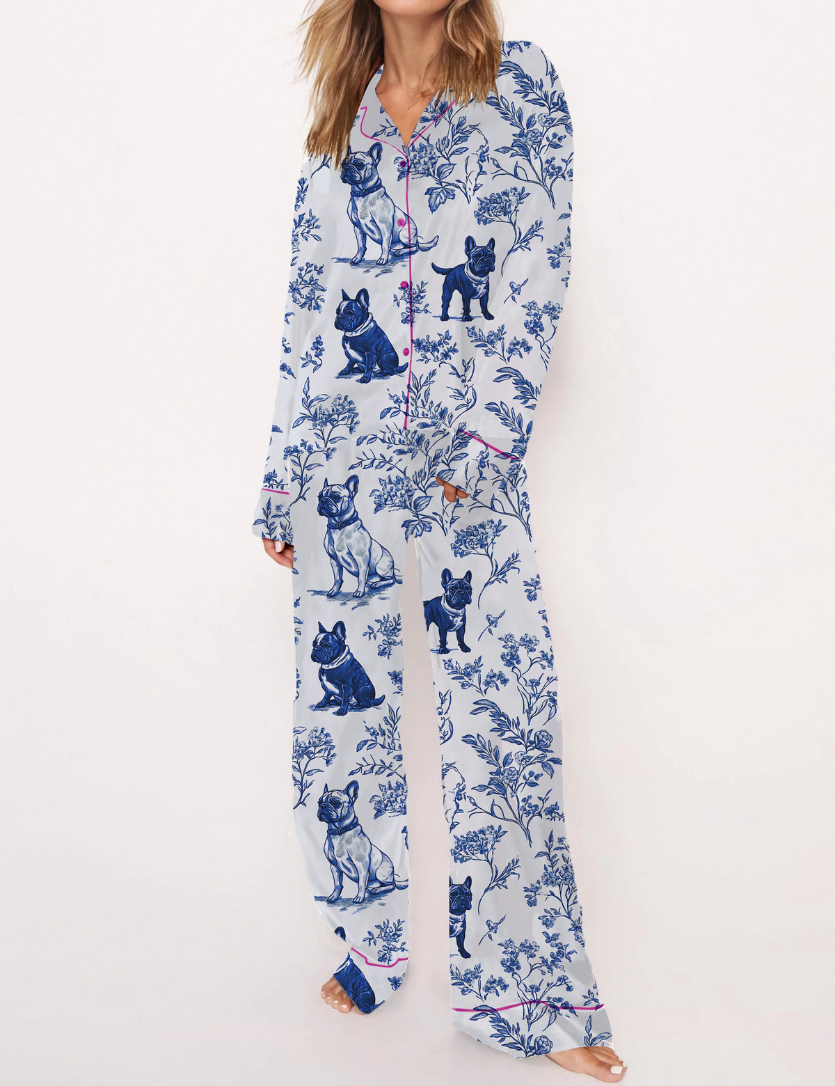 French Bulldogs Silky Satin Pajama Short Set For Women