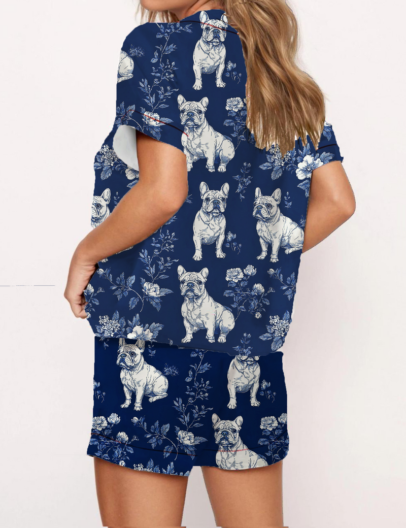 French Bulldogs Silky Satin Pajama Short Set For Women