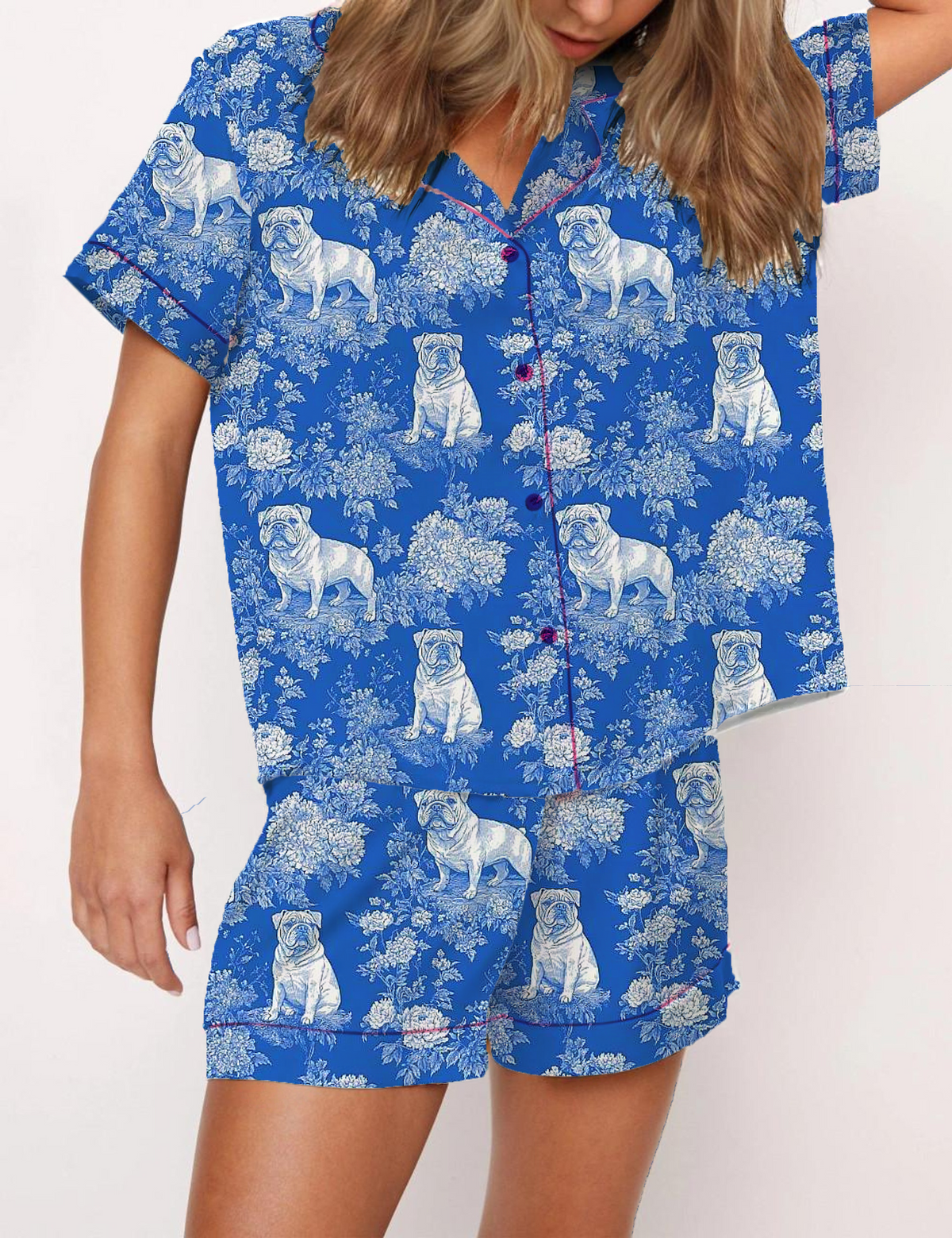 French Bulldog Toile Silky Satin Pajama Short Set For Women