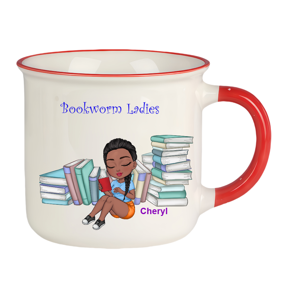 Personalized Bookworm Ladies Coffee Milk Cup Cartoon Ceramic Mug With Name Birthday Gift for Family Friend Bookworms Book Lovers