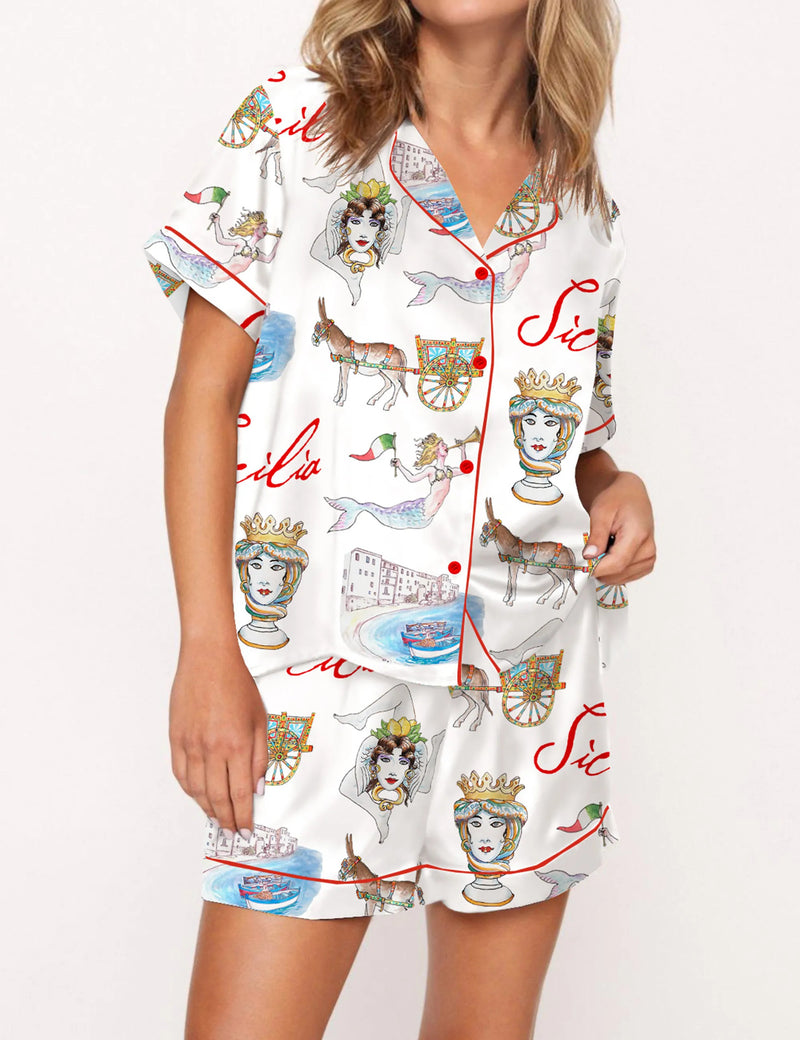 Sicily Italy Travel Silky Satin Pajama Set For Women	