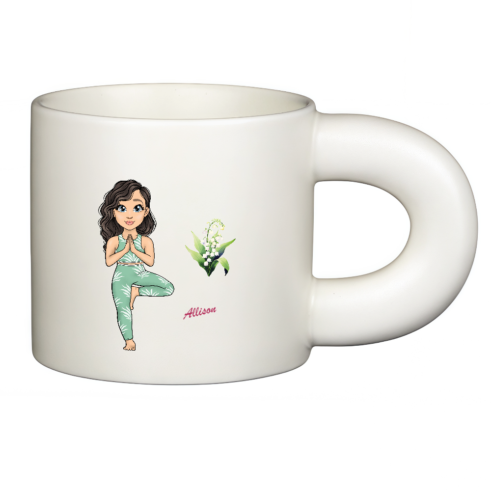Personalized Cartoon Sports Yoga Fitness Girl Coffee Cup Cartoon Ceramic Mug Chubby Big Ear Cup With Birth Flower and Name Birthday Gift for Women
