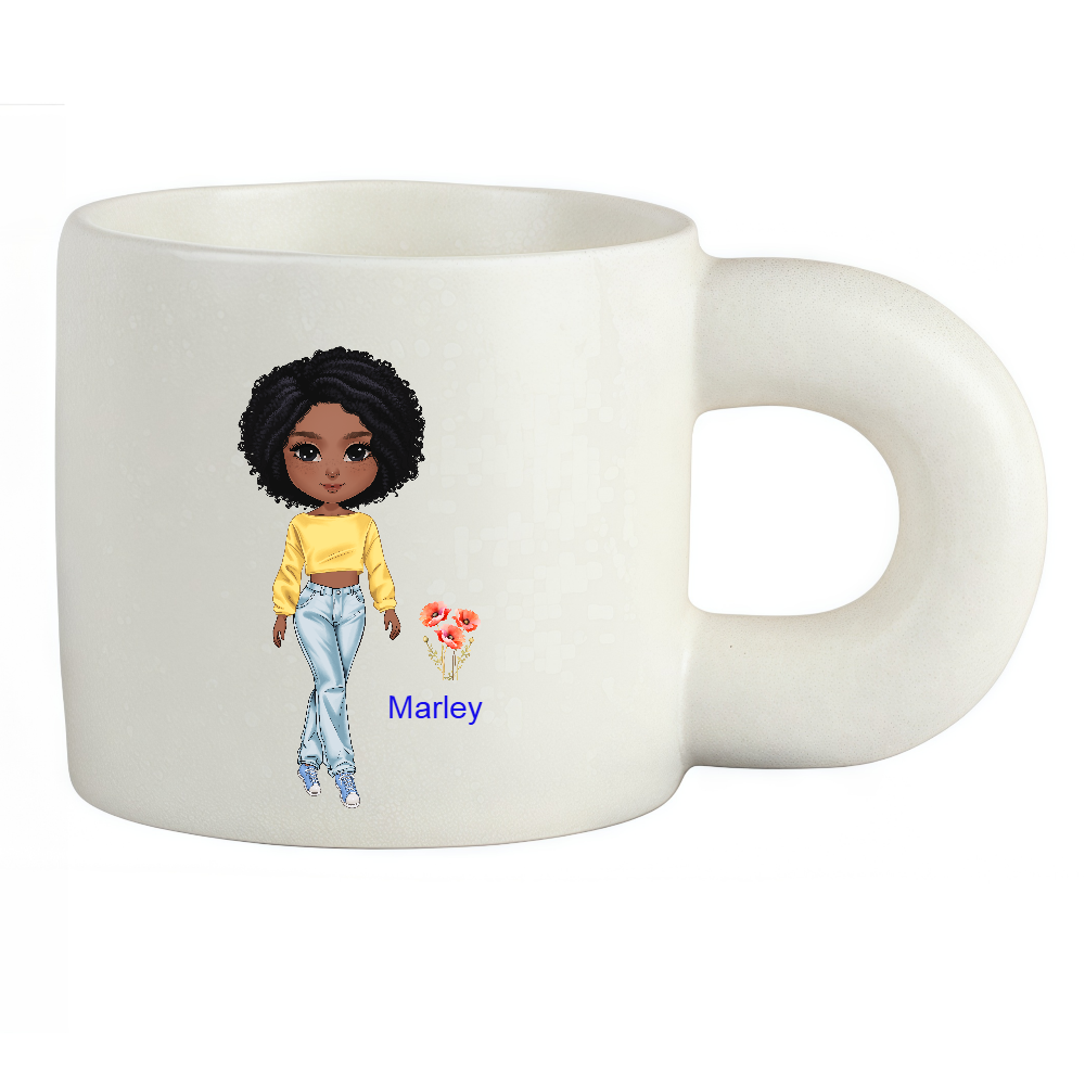 Personalized Cartoon Chili Girl Coffee Cup Cartoon Ceramic Mug Chubby Big Ear Cup With Birth Flower and Name Birthday Gift for Women