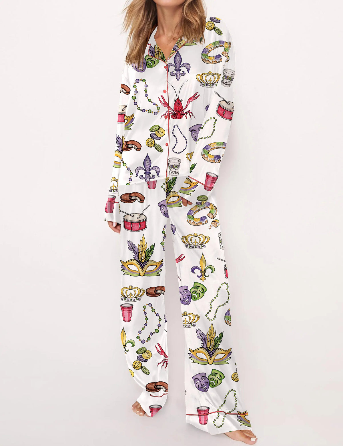 Mardi Gras Beads King Cake Crawfish Pajama Set	