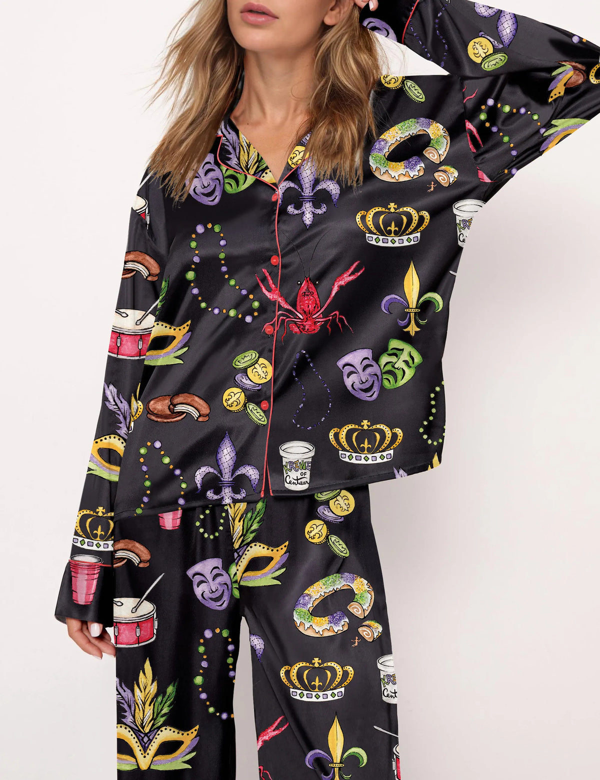 Mardi Gras Beads King Cake Crawfish Pajama Set	