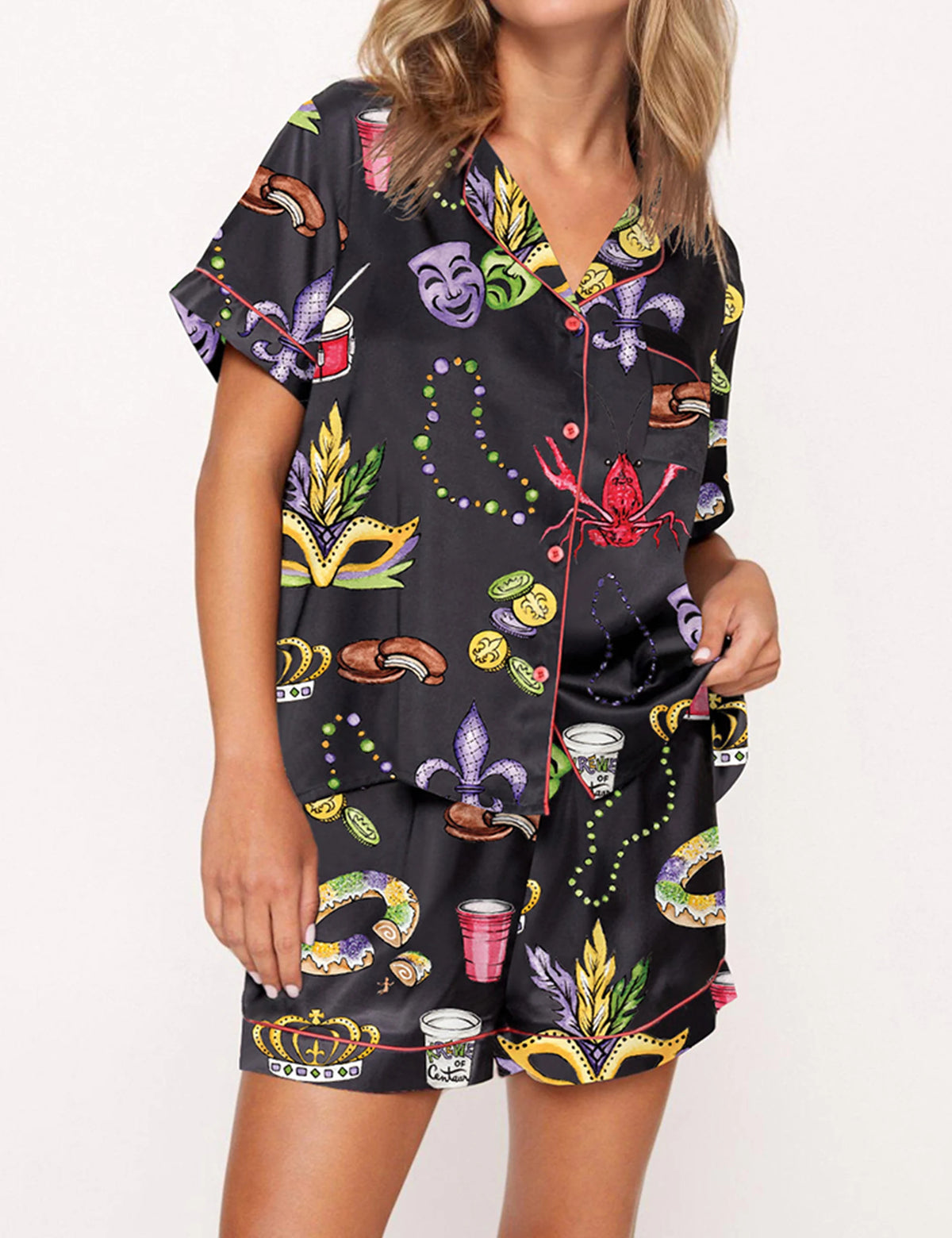 Mardi Gras Beads King Cake Crawfish Pajama Set	