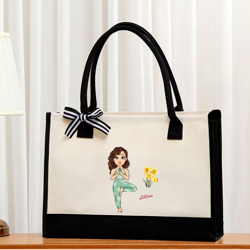 Personalized Birth Flower Bouquet Cartoon Yoga Girl Character Reusable Large Canvas Tote Bag with Name Anniversary Gift for Women Girls