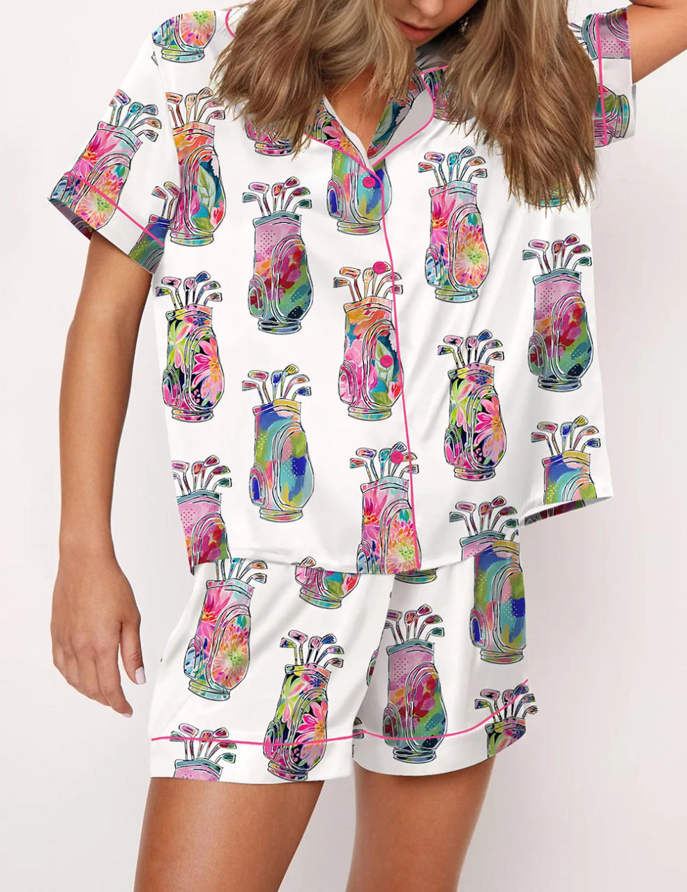 Colorful Abstract Golf Bag Satin Pajama Set	