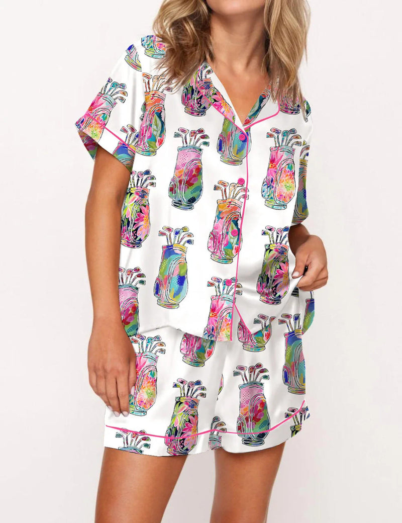 Colorful Abstract Golf Bag Satin Pajama Set	