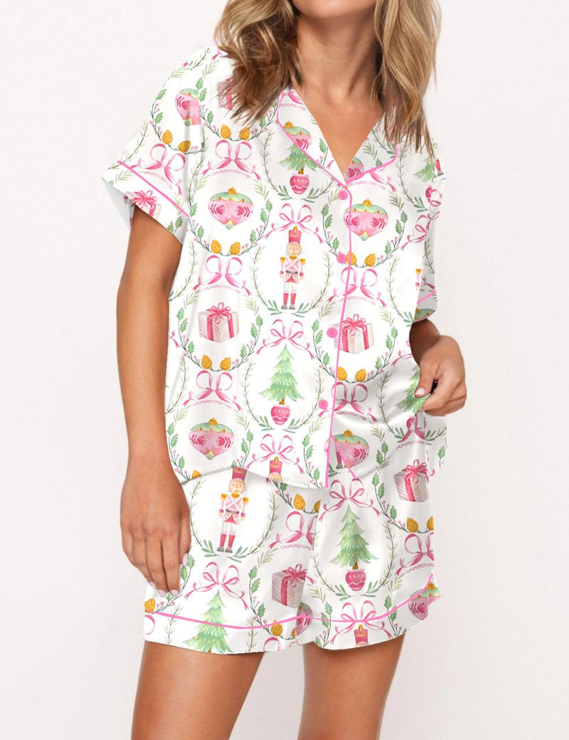 Christmas Wreath Nutcracker Satin Pajama Set For Women	