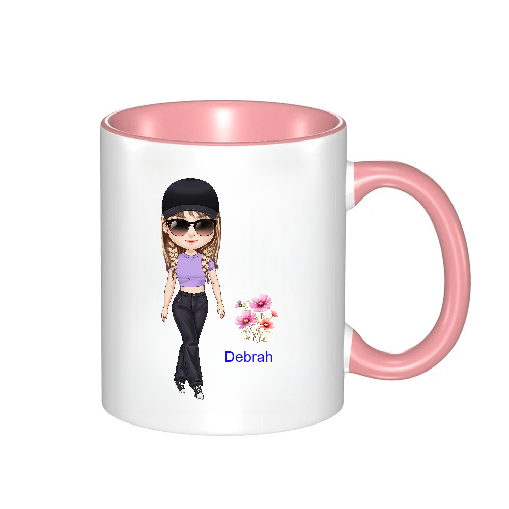 Personalized Cartoon Chibi Girl Coffee Cup Cartoon Ceramic Mug With Birth Flower and Name Birthday Gift for Women