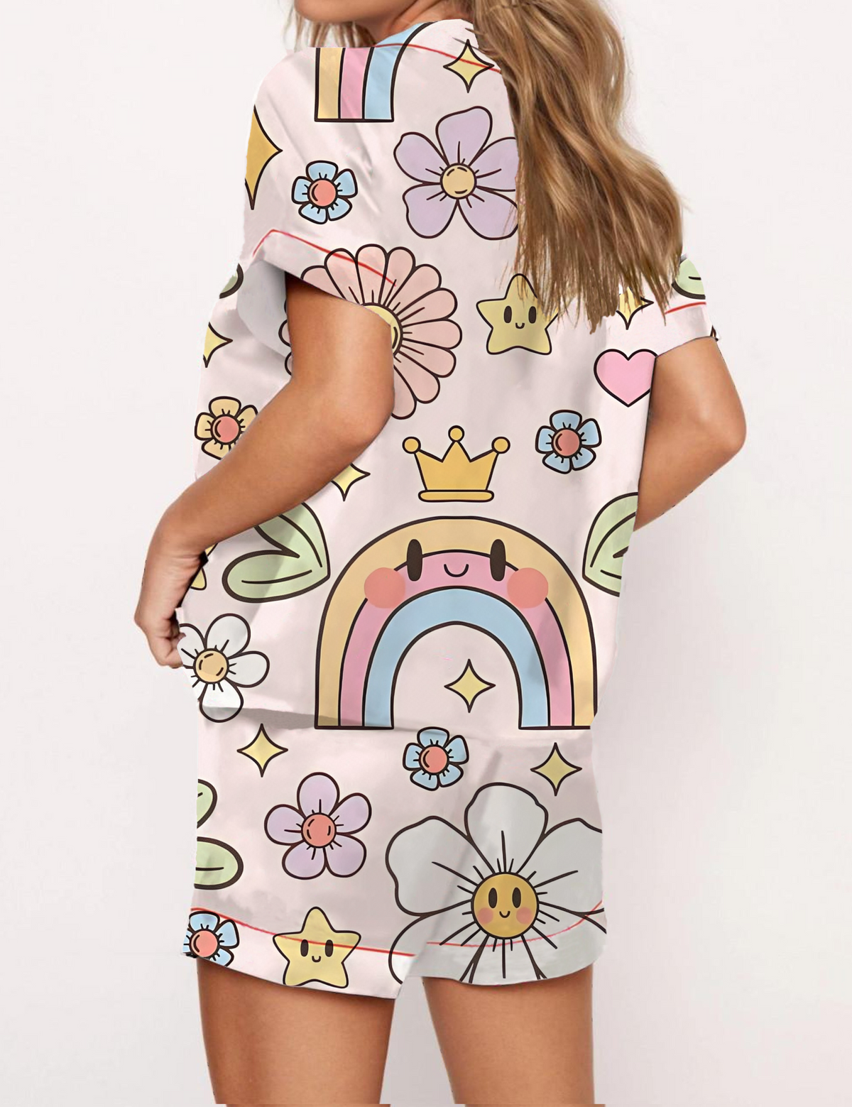 Kawaii Rainbow Pink Satin Pajama Short Set