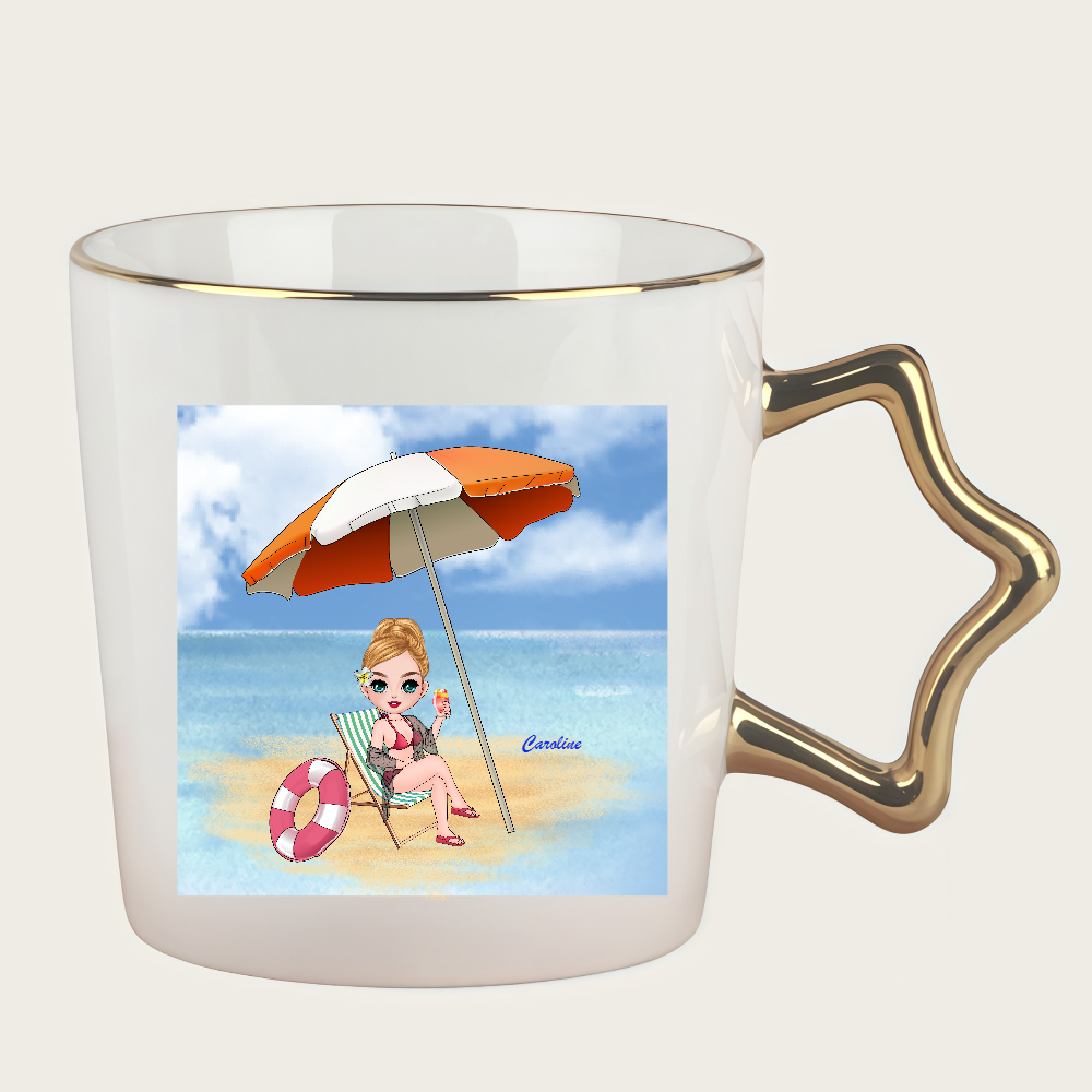 Personalized Cartoon Beach Girl Coffee Cup Ceramic Mug With Star Handle Birthday Gift for Her