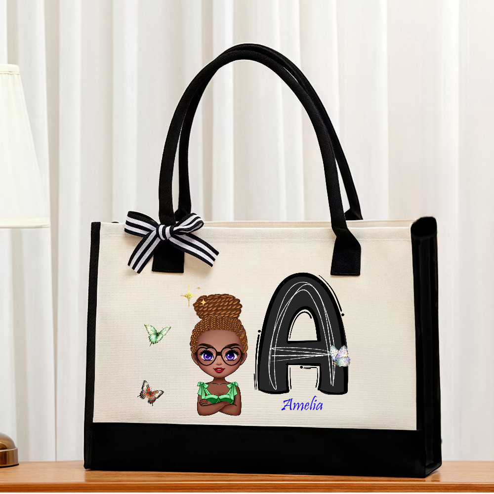 Personalized Cartoon Character Initial Large Canvas Tote Bag with Name Travel Daily Use Birthday Anniversary Gift for Girl Women