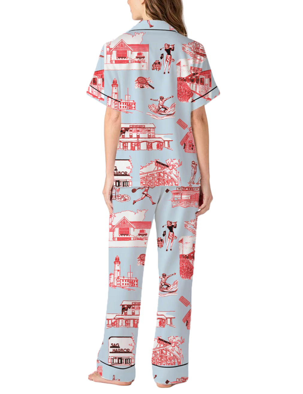 Hamptons Toile Silky Satin Pajama Pants Set For Women