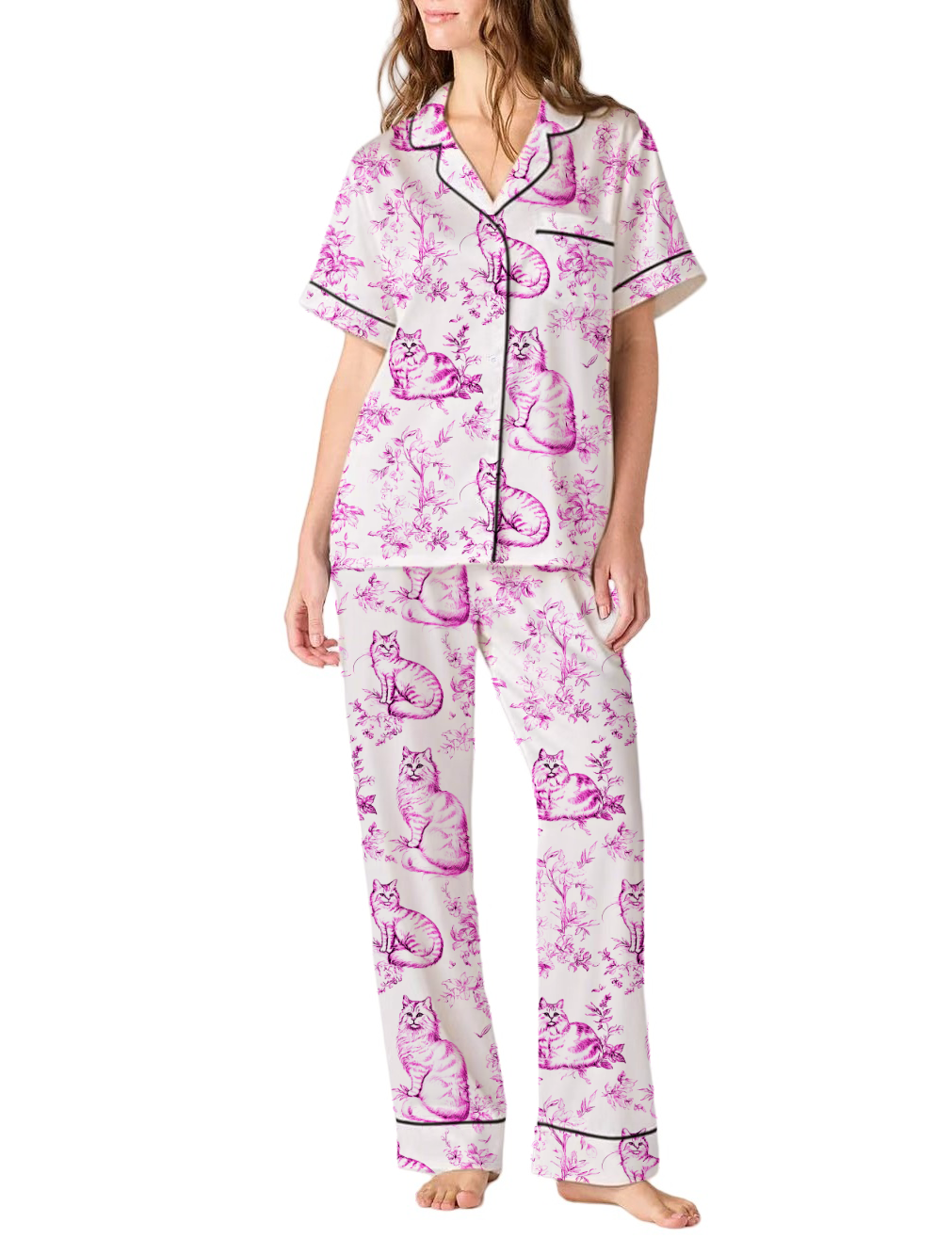 Cat Toile Silky Satin Pajama Pants Set For Women