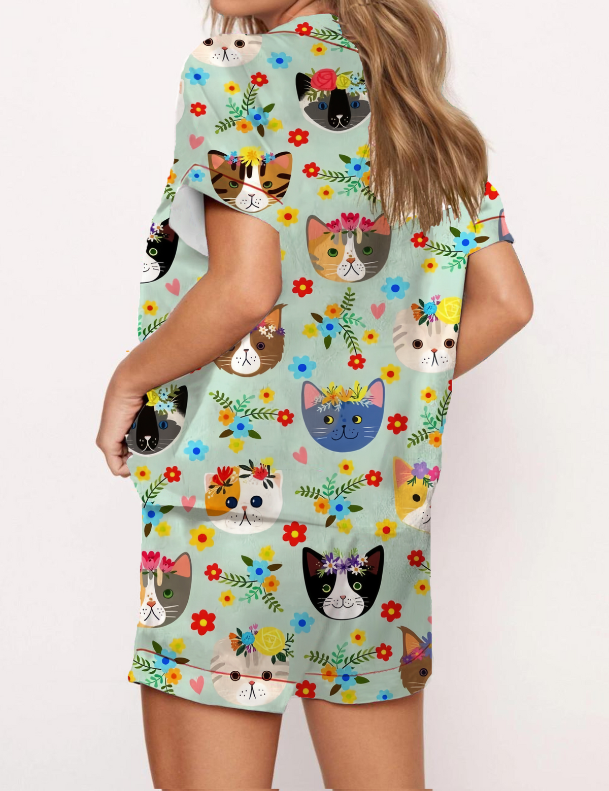 Cat Faces Print Satin Pajama Short Set