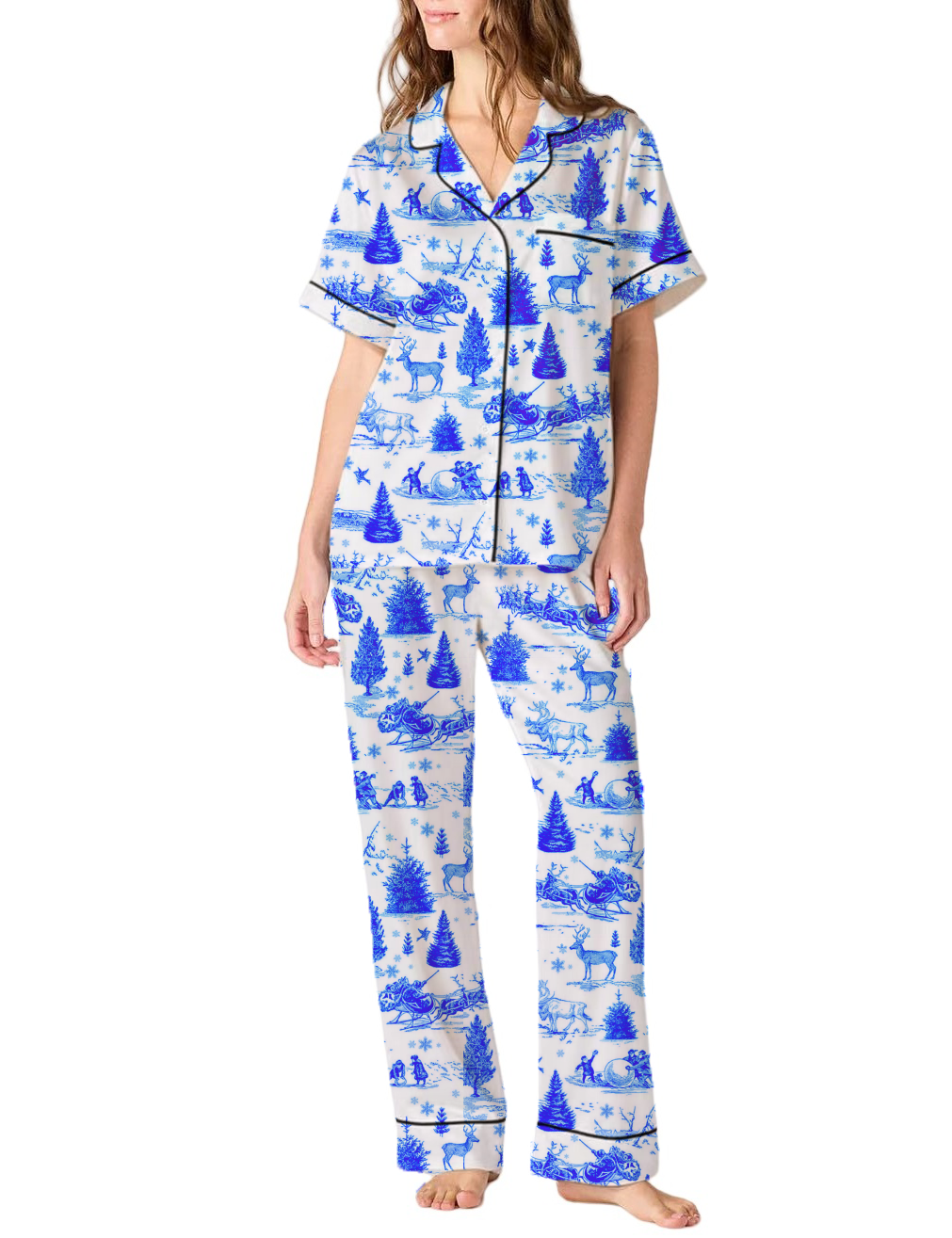 Christmas Toile Silky Satin Pajama Pants Set For Women