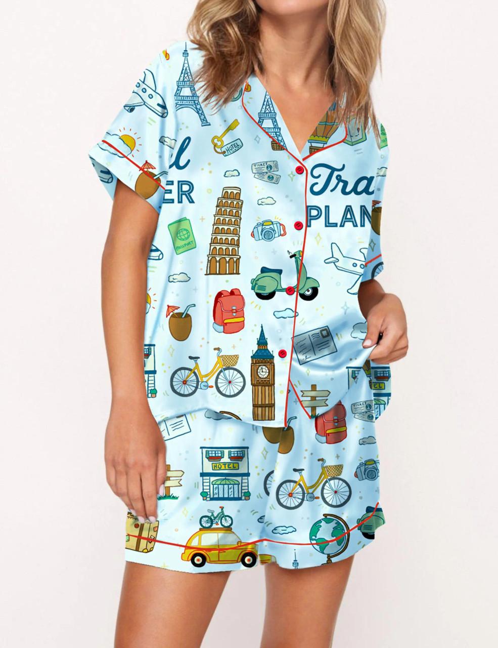 Travel Planner Satin Pajama Set For Women	