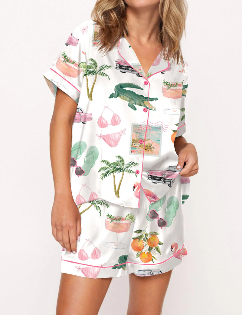 Florida Palm Beach Satin Pajama Set For Women	