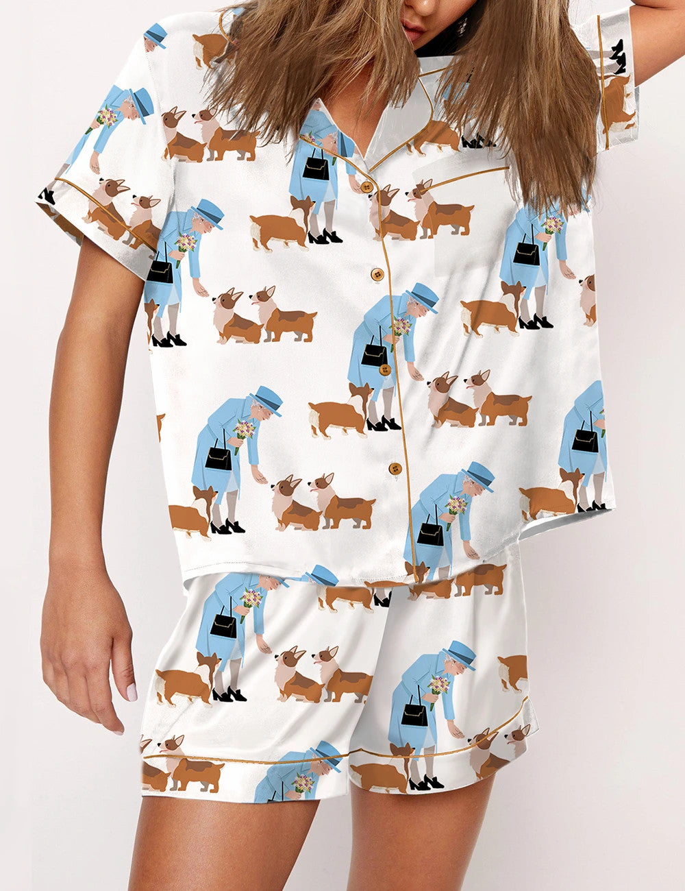 Queen Elizabeth II And Her Corgis Satin Pajama Set For Women	