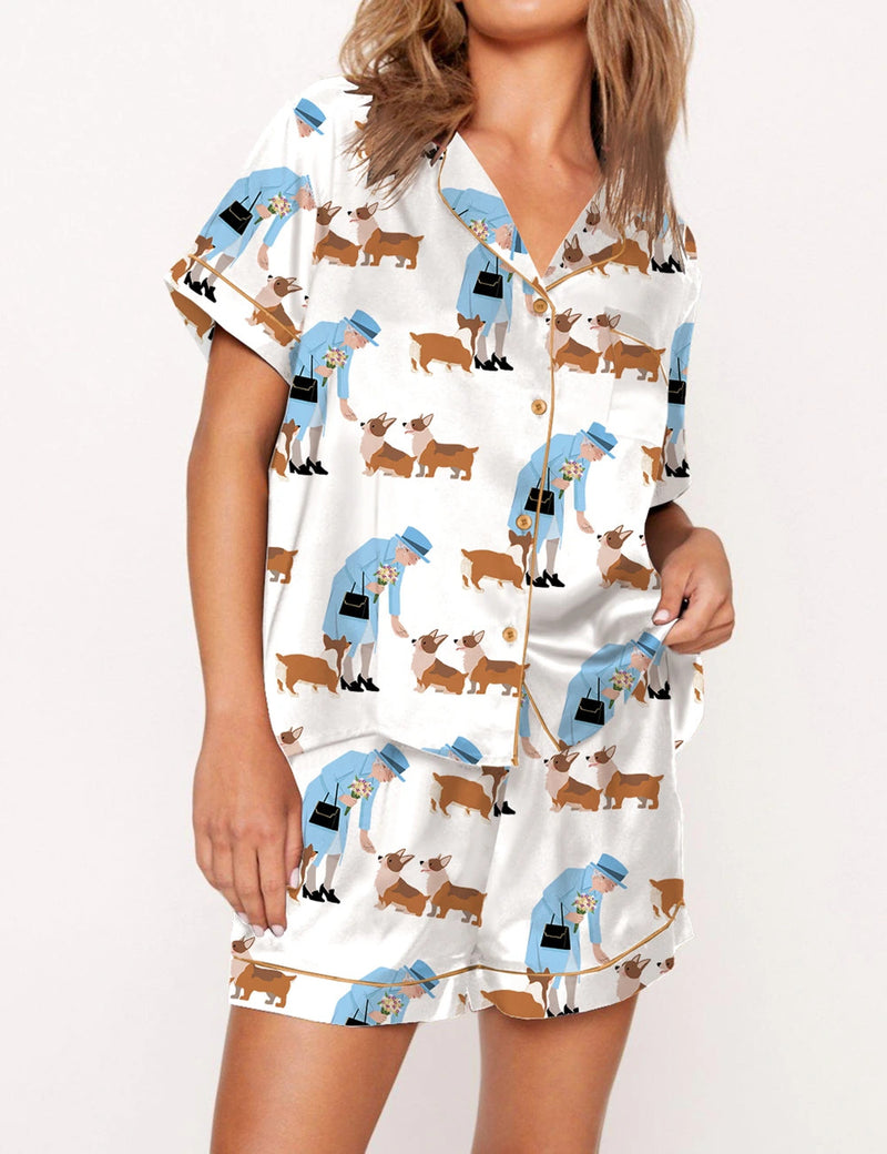Queen Elizabeth II And Her Corgis Satin Pajama Set For Women	