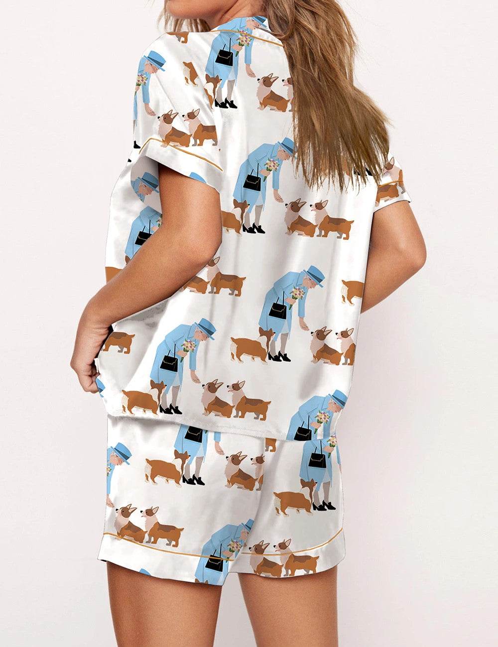 Queen Elizabeth II And Her Corgis Satin Pajama Set For Women	