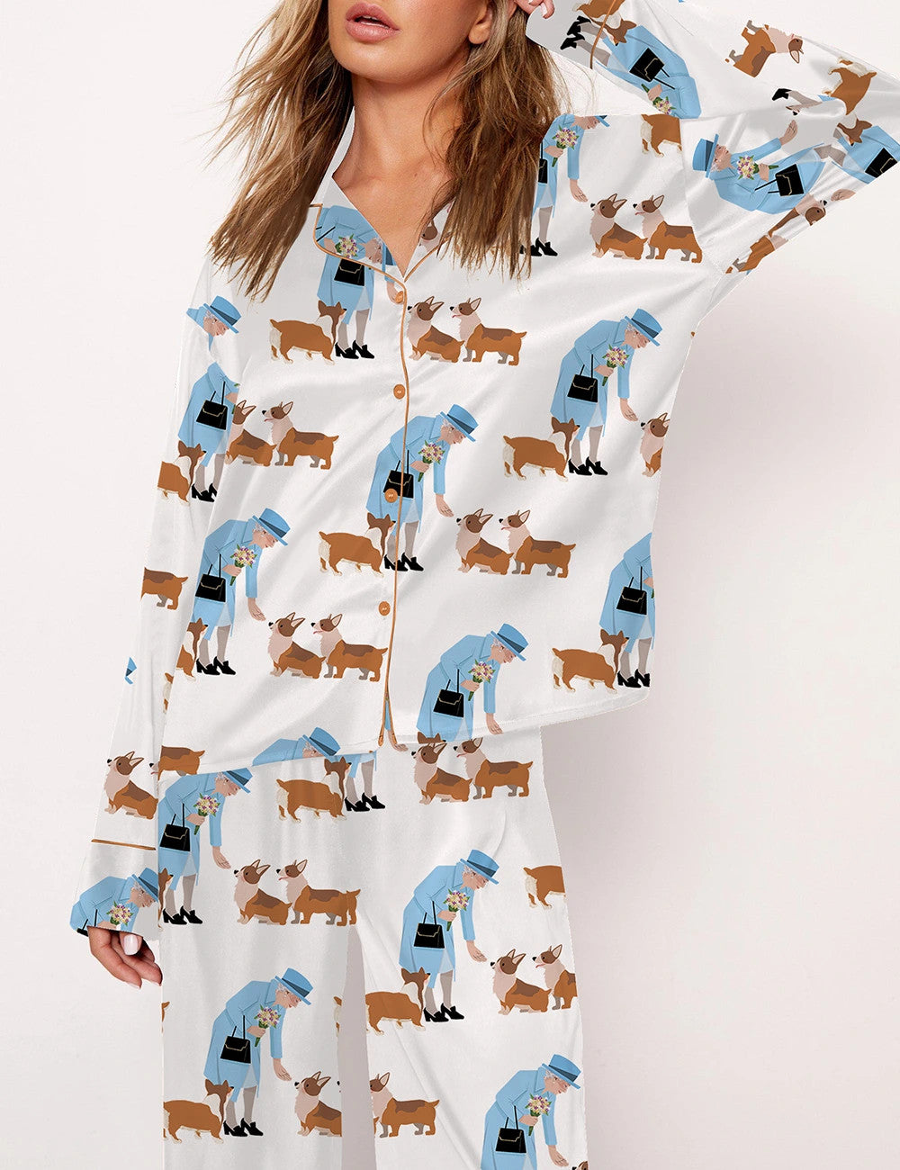 Queen Elizabeth II And Her Corgis Satin Pajama Set For Women	