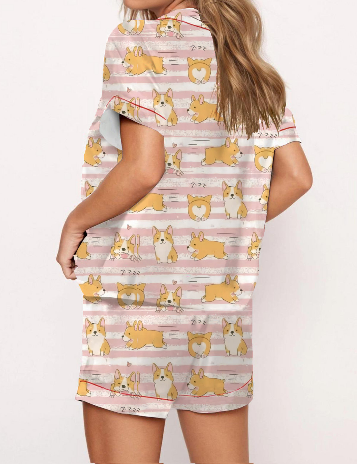 Cute Cartoon Welsh Corgi Print Satin Pajama Short Set