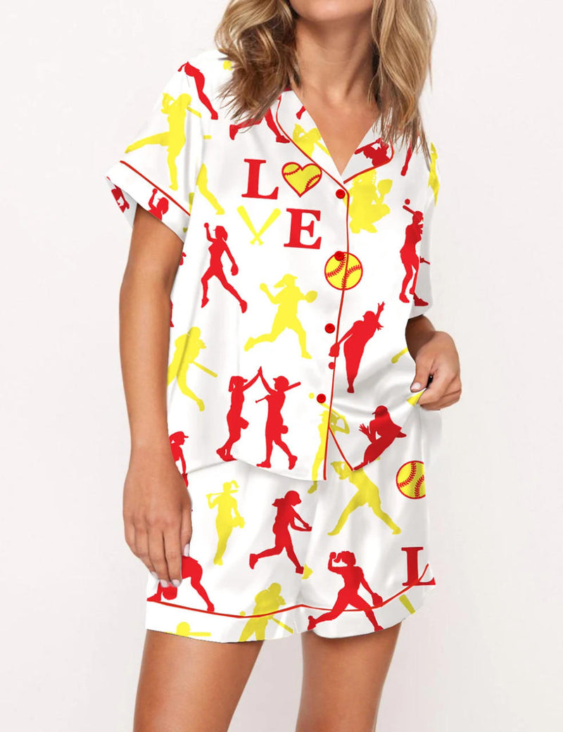 Softball Print Satin Pajama Set	