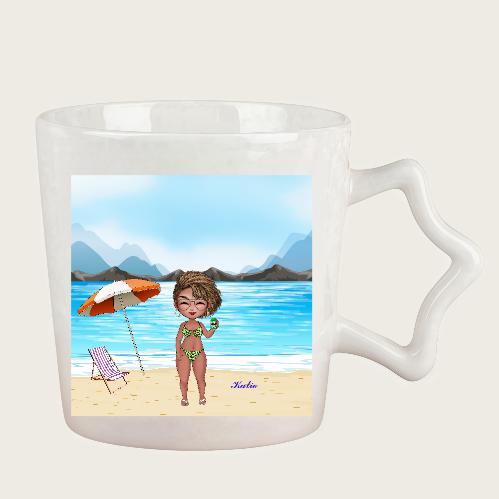 Personalized Cartoon Beach Girl Coffee Cup Ceramic Mug With Star Handle Birthday Gift for Her