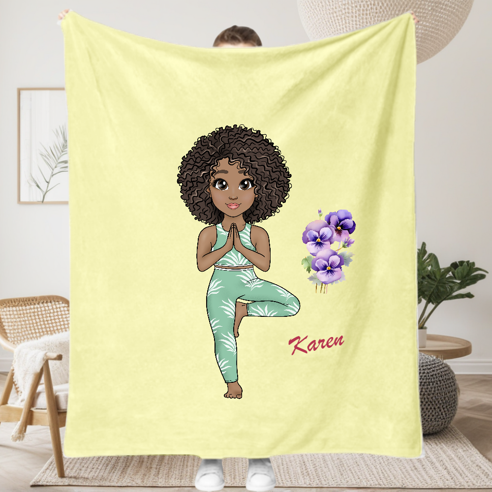 Personalized Cartoon Character Yoga Fitness Girl Soft Throw Blanket with Names and  Birth Flower Home Decor Gift for Women Girls
