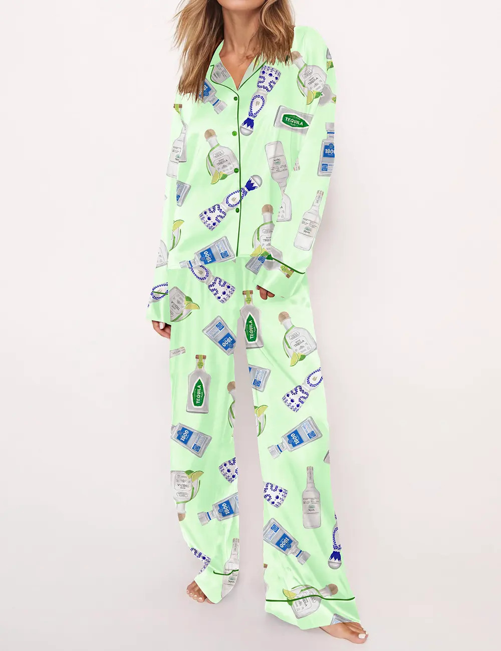 Tequila Bottle Satin Pajama Set For Women	