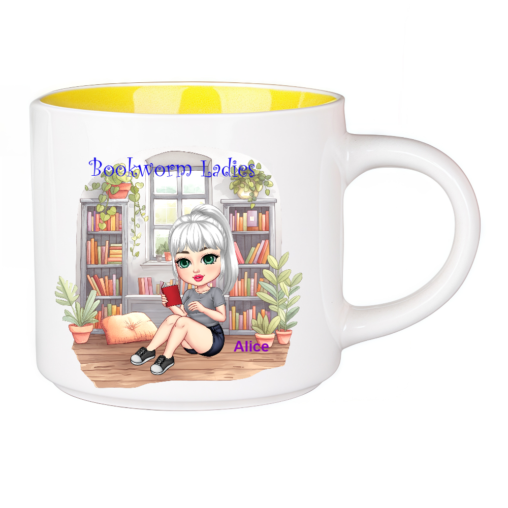 Personalized Bookworm Ladies Coffee Cup Cartoon Ceramic Mug With Name Birthday Gift for Family Friend Bookworms Book Lovers