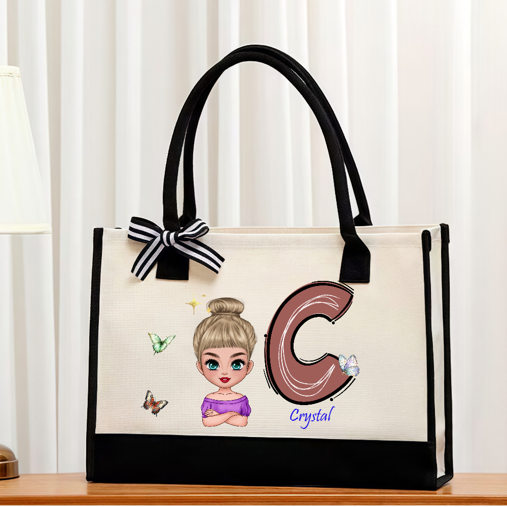 Personalized Cartoon Character Initial Large Canvas Tote Bag with Name Travel Daily Use Birthday Anniversary Gift for Girl Women