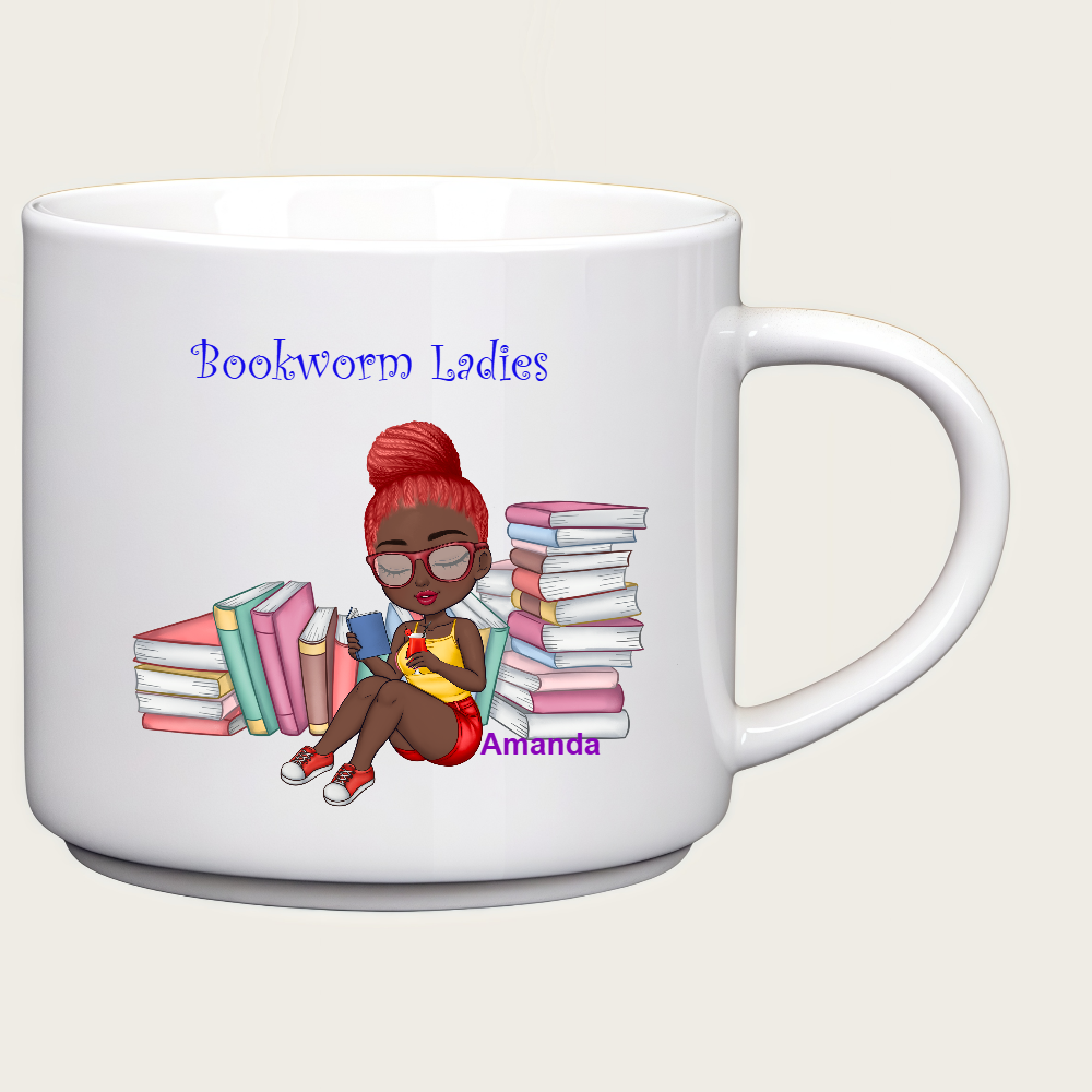 Personalized Bookworm Ladies Coffee Cup Cartoon Ceramic Mug With Name Birthday Gift for Family Friend Bookworms Book Lovers