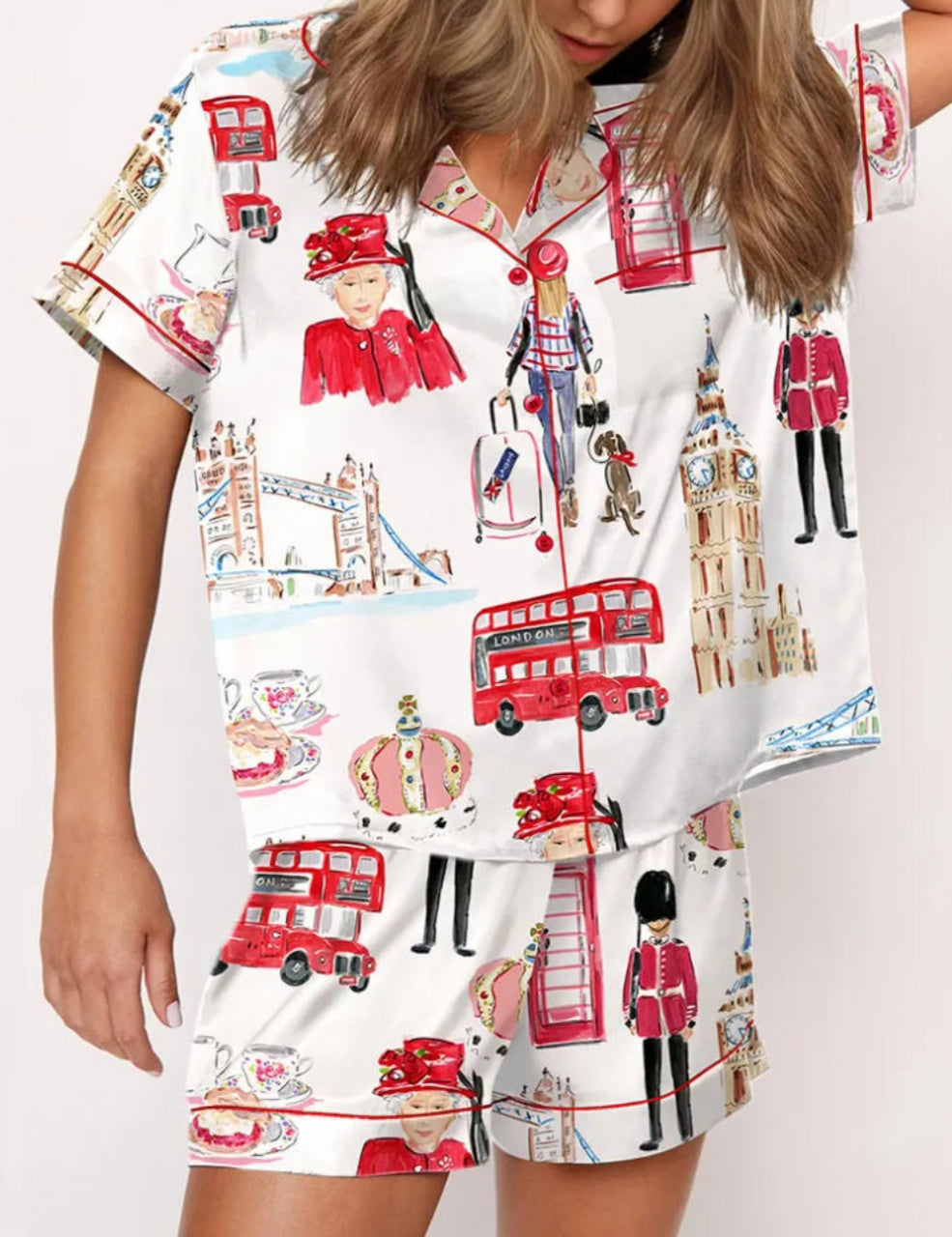 London Travel Watercolor Satin Pajama Set For Women	