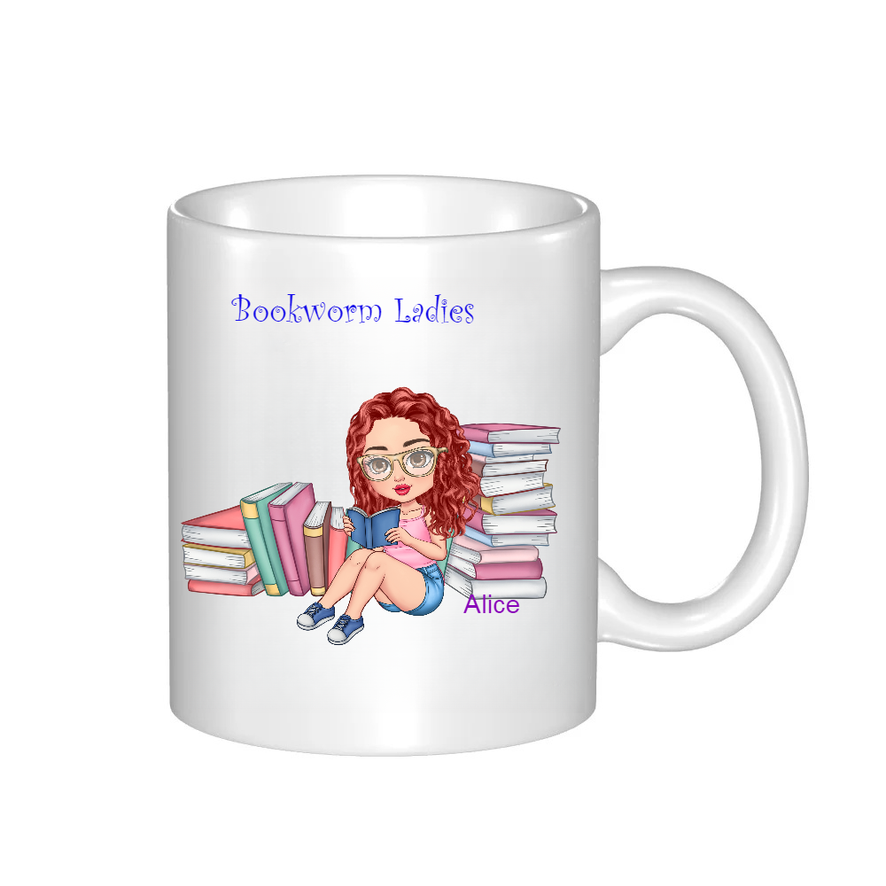 Personalized Bookworm Ladies Coffee Cup Cartoon Ceramic Mug With Name Birthday Gift for Family Friend Bookworms Book Lovers