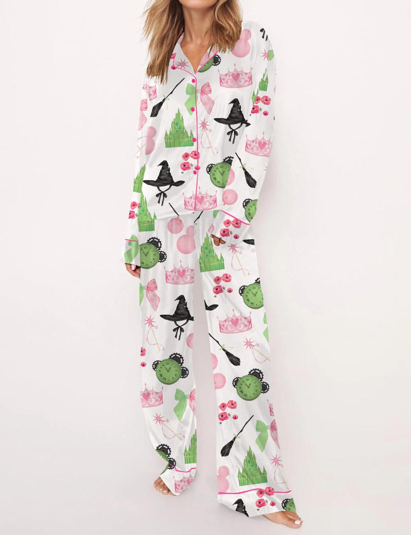 Wicked Pink And Green Satin Pajama Set For Women	