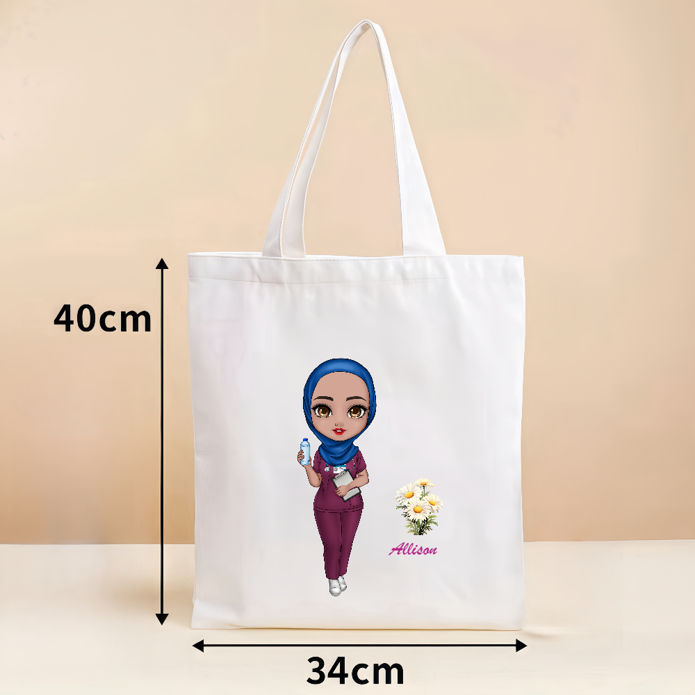Personalized Cartoon Medical Character Canvas Bag With Birth Flower Birthday Gratitude Gift for Nurse  Doctor Medical Staff