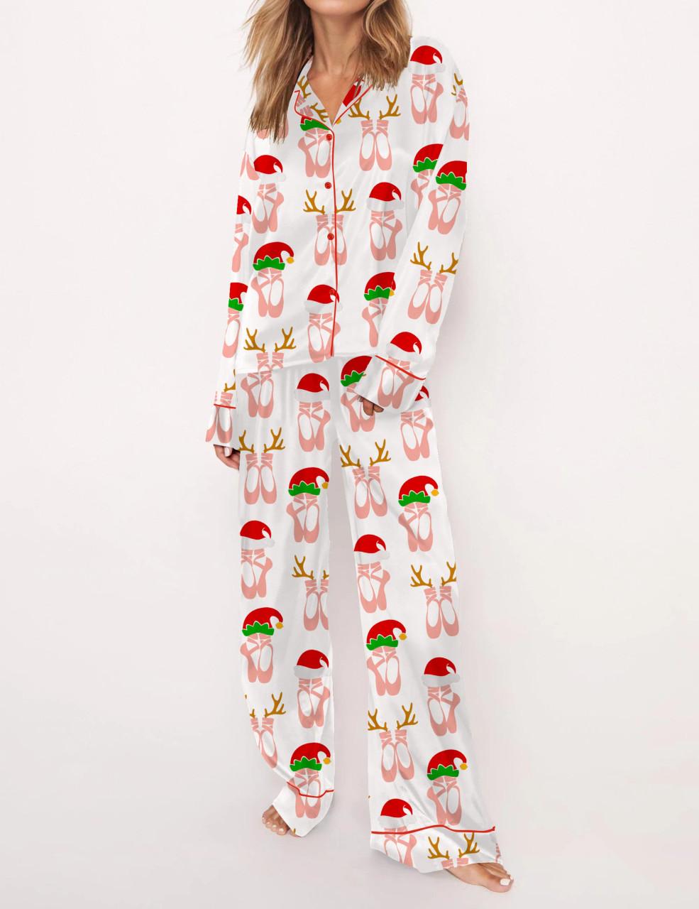Christmas Ballet Shoes Satin Pajama Set For Women	