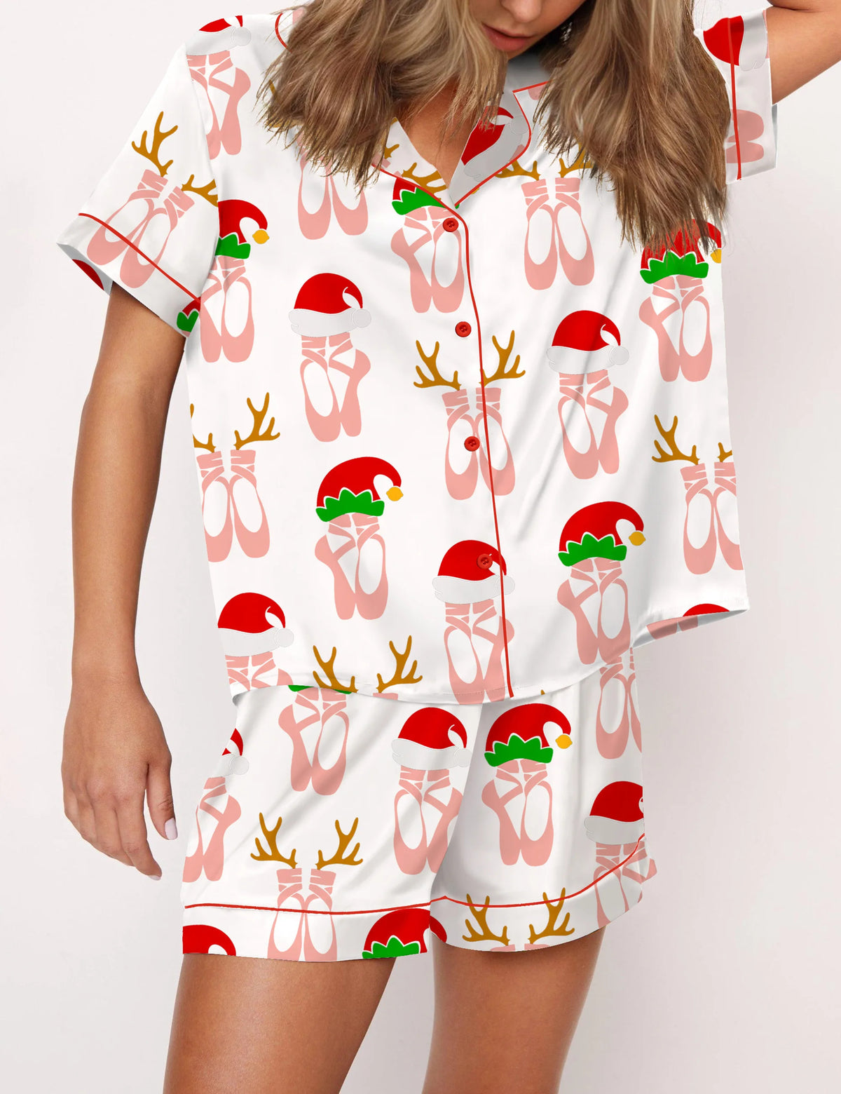 Christmas Ballet Shoes Satin Pajama Set For Women	