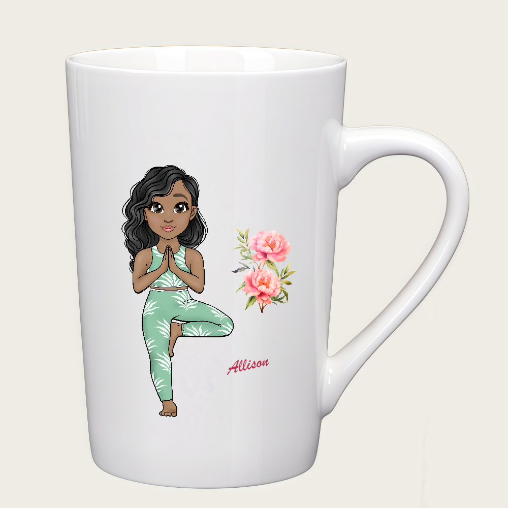 Personalized Cartoon Sports Yoga Fitness Girl Coffee Cup Cartoon Ceramic Mug With Birth Flower and Name Birthday Gift for Women