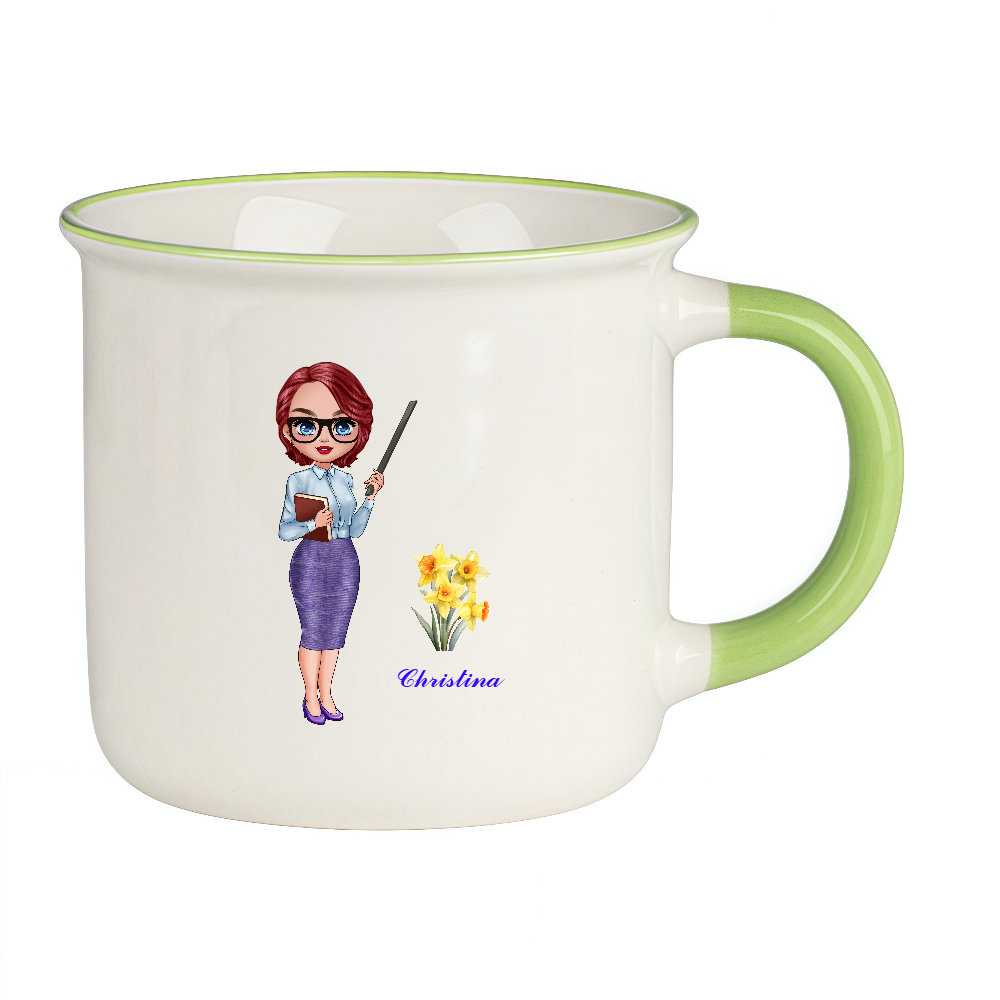 Personalized Teacher Coffee Cup Cartoon Ceramic Mug with Birth Flower and Name Back to School Appreciation Gift for Teacher