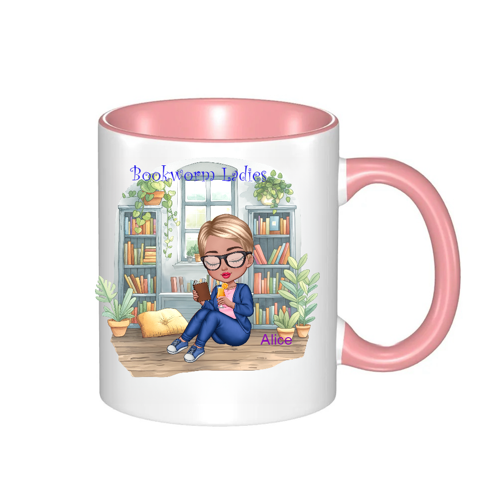 Personalized Bookworm Ladies Coffee Cup Cartoon Ceramic Mug With Name Birthday Gift for Family Friend Bookworms Book Lovers